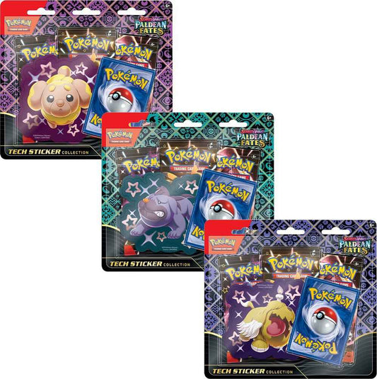Pokemon TCG Paldean Fates 3 Pack Sticker Collection Set with Shiny Fidough, Greavard, Maschiff Promo Card and Booster Packs - Tall Grass Grabs