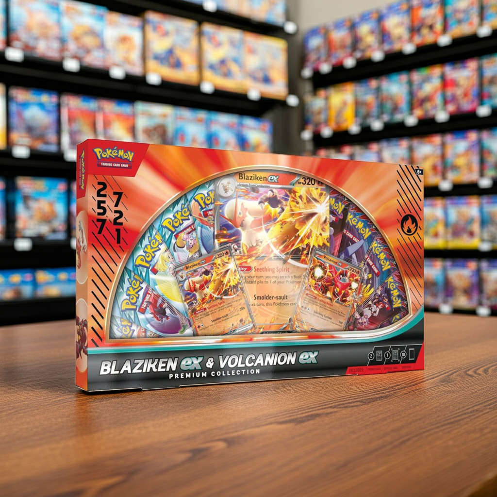 Blaziken ex Volcanion ex Premium Box - Ultimate Collector's Set with Promo Cards, Booster Packs & Game Accessories - Tall Grass Grabs