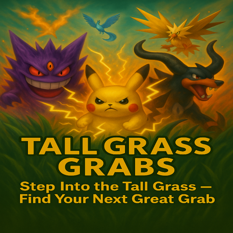 Illustration of three animated characters with a grassy background and text 'Tall Grass Grabs'.