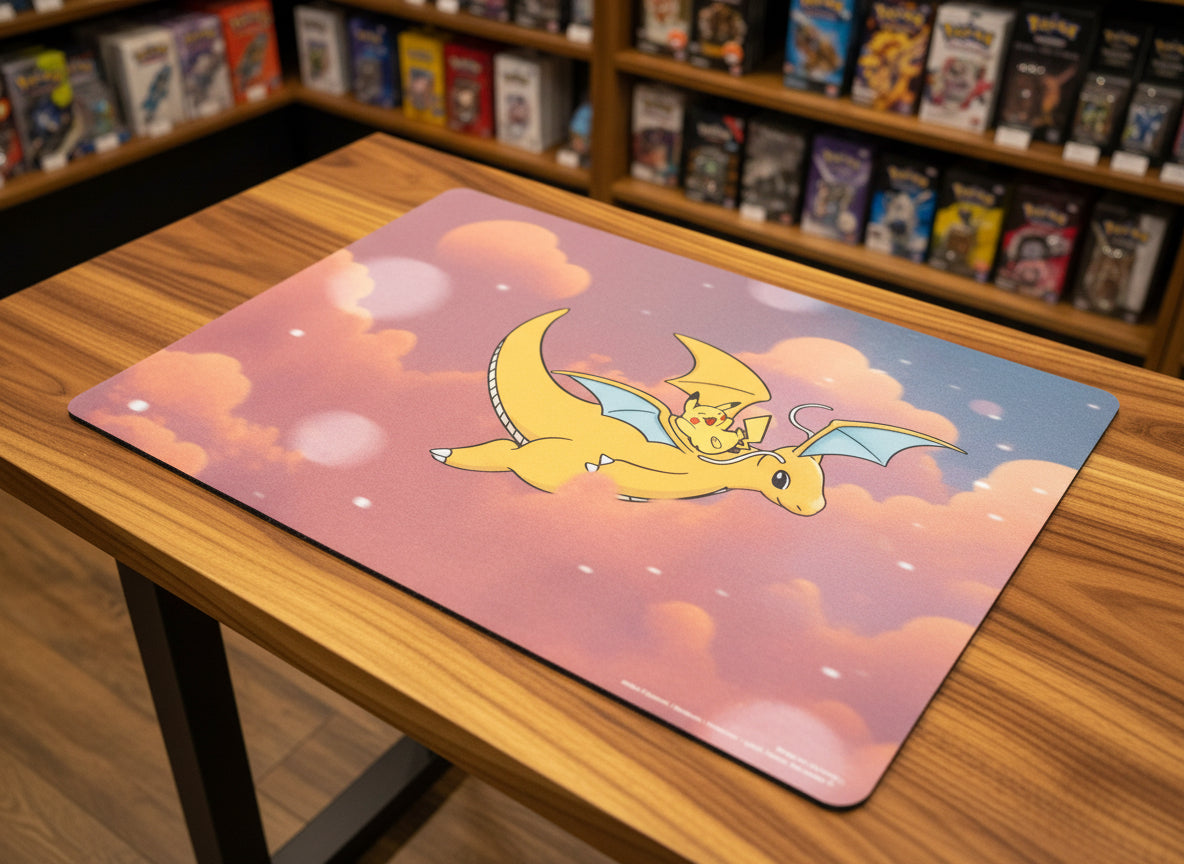 Pokemon Center Exclusive Dreamy Dragonite Playmat Featuring Dragonite and Pikachu in a Cloudy Sky Design Non-Slip Rubber Limited Edition - Tall Grass Grabs